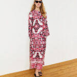 Patterned Long Sleeves Satin Maxi Dress