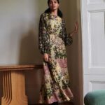 Black & Pink Floral Patchwork Print Long Sleeve Midi Dress
