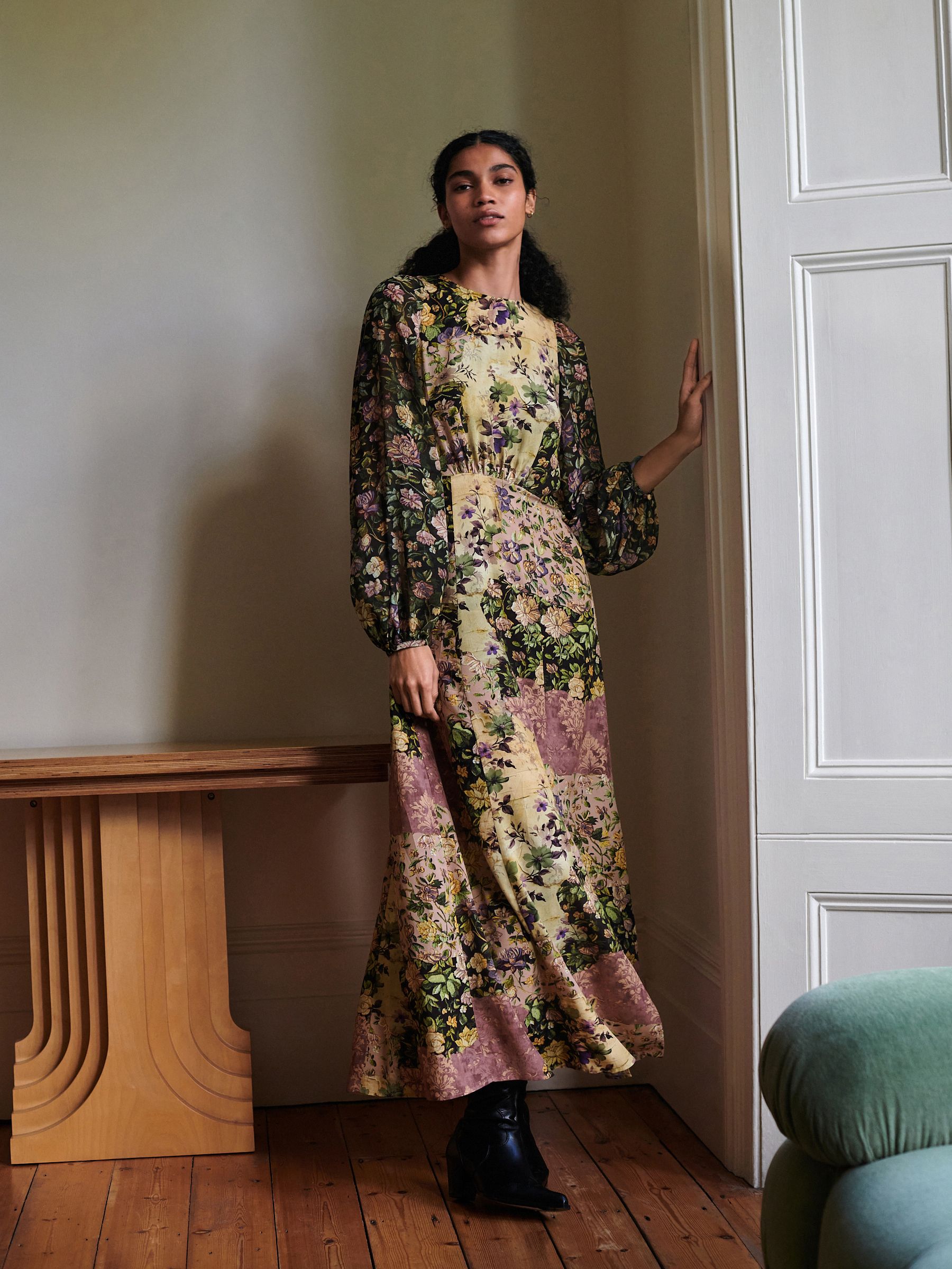 Black & Pink Floral Patchwork Print Long Sleeve Midi Dress