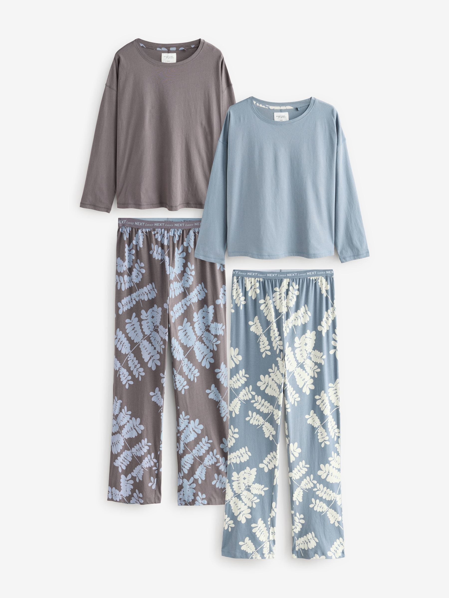 Blue/Grey Eucalyptus 100% Cotton Long Sleeve Pyjamas 2 Pack
