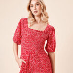 Ditsy Shirred Bodice Puff Sleeves Jumpsuit