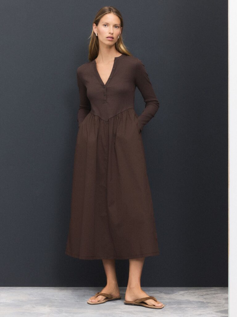 Chocolate Brown Jersey Woven Mix Waisted Midi Dress