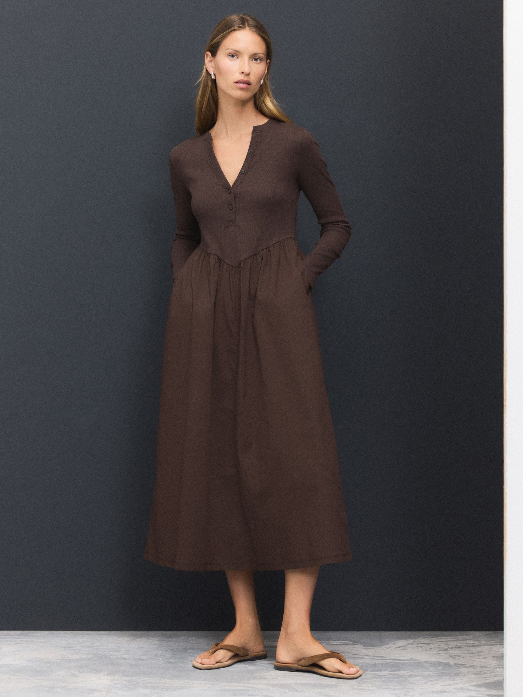 Chocolate Brown Jersey Woven Mix Waisted Midi Dress