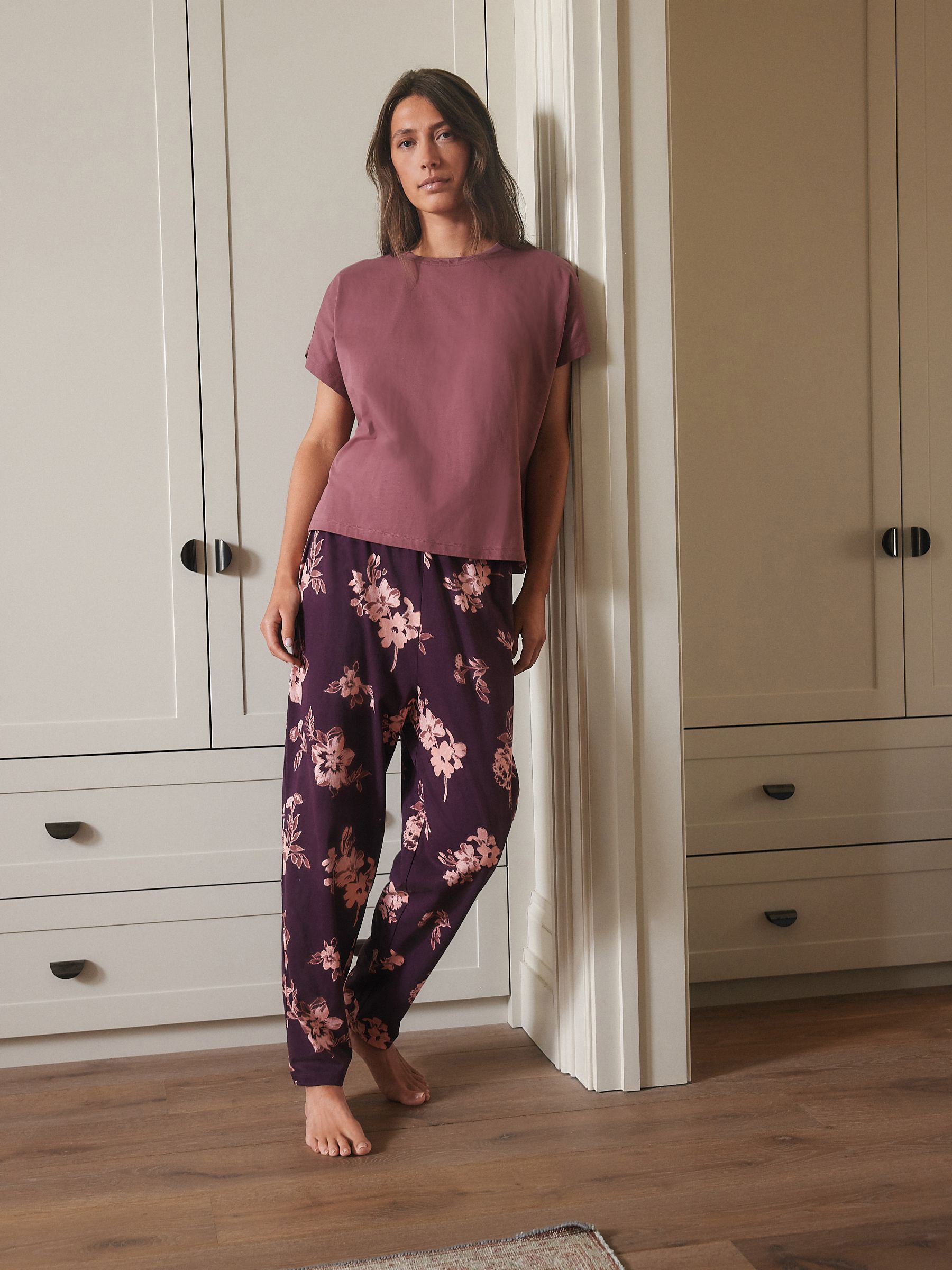 Purple Floral Print Cotton Short Sleeve Pyjamas