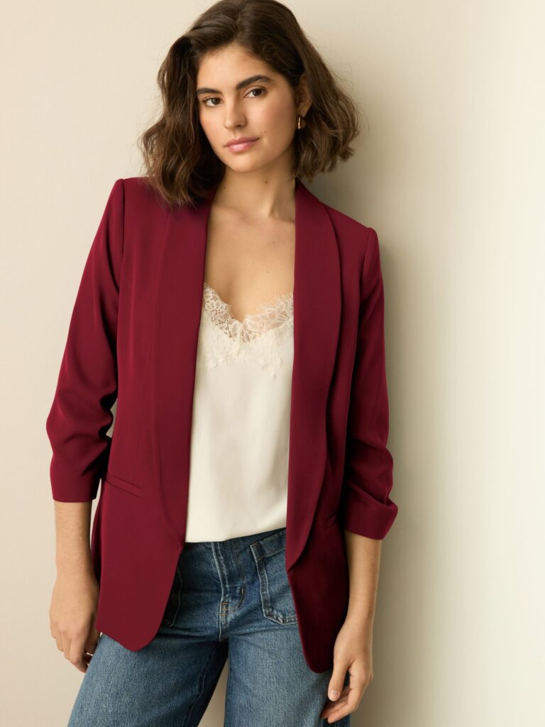 Red Relaxed Ruched Sleeve Blazer