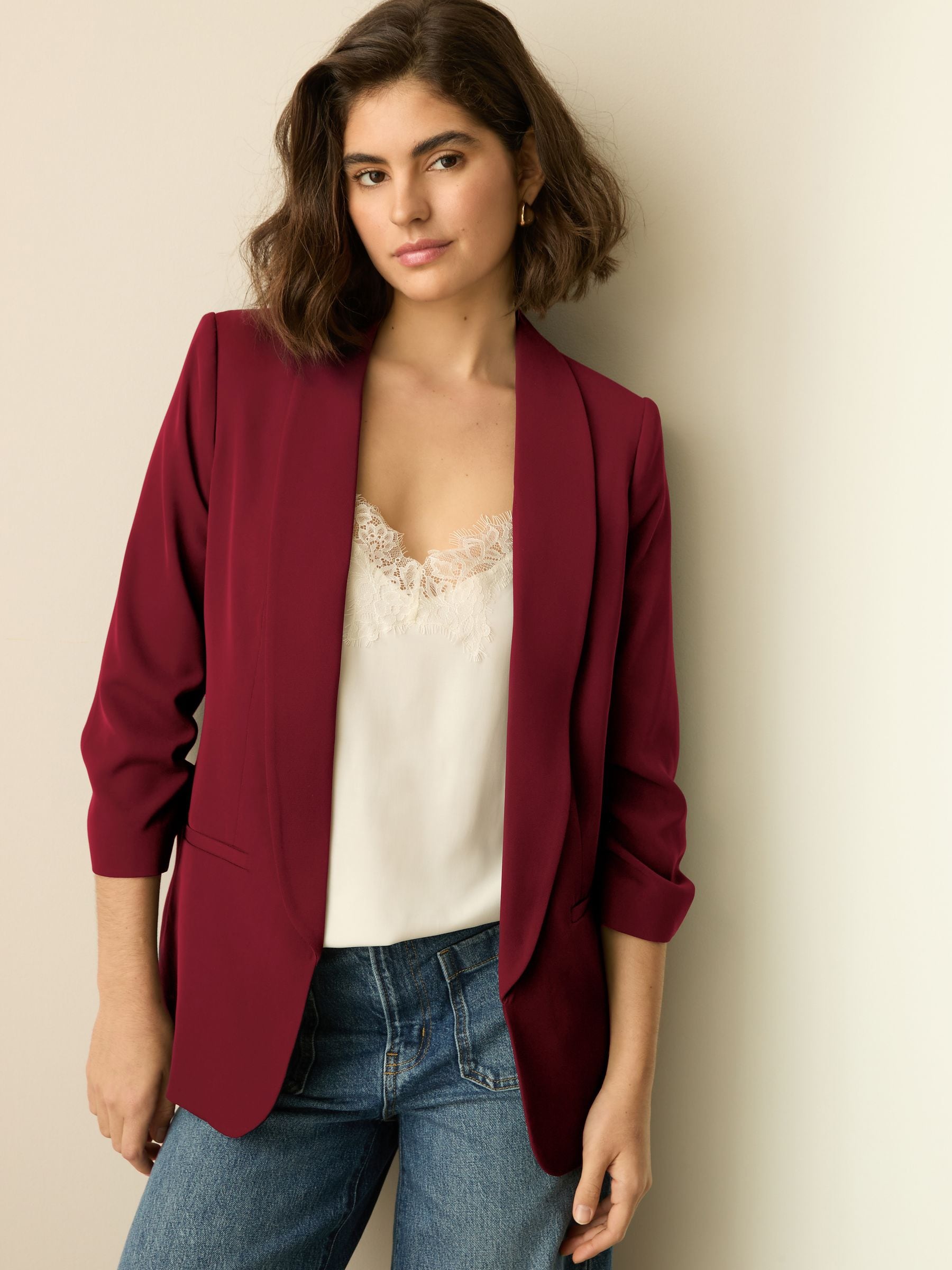 Red Relaxed Ruched Sleeve Blazer