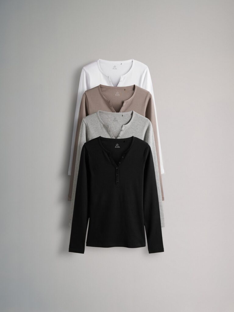 The Set Black/White/Light Grey/Taupe Brown 4 Pack Ribbed Henley Long Sleeve T-Shirts