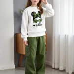 Soft Letter Cartoon Print Round Neck Pullover + Cargo Set