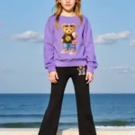 Cute Milk Tea Bear Print Sweatshirt and Flared Pants Set