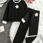3D Handmade Floral Striped Trim Crew Neck Pullover Top + Pants 2pcs Set