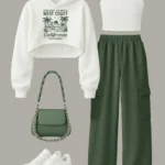 Palm Tree & Surf Print Oversized Hoodie & Crop Top with Olive Green Cargo Pants