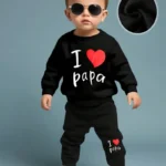 "I Love Papa" Letter Pattern Fleece Crew Neck Sweatshirt + Casual Pants Set